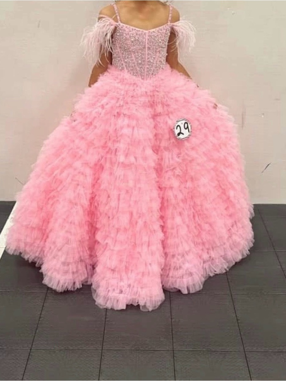 Sherri Hill Pink Feather-Trimmed Full Ruffle Pageant Dress